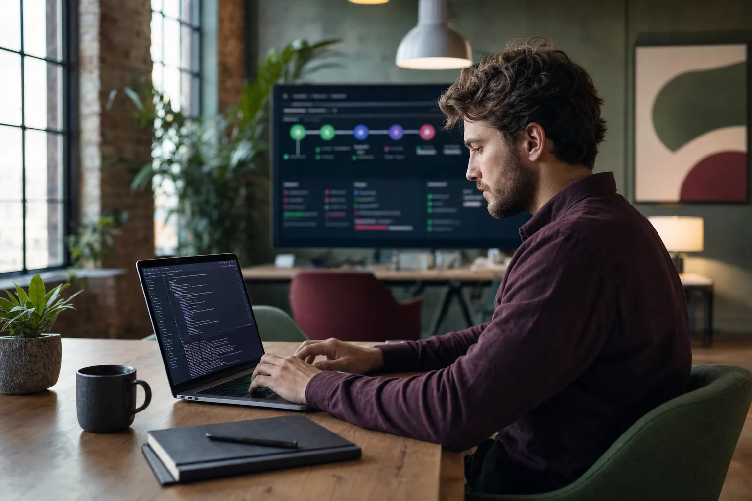 Entwickler arbeitet in einem hellen Büro an einer browserbasierten Cloud-Entwicklungsumgebung