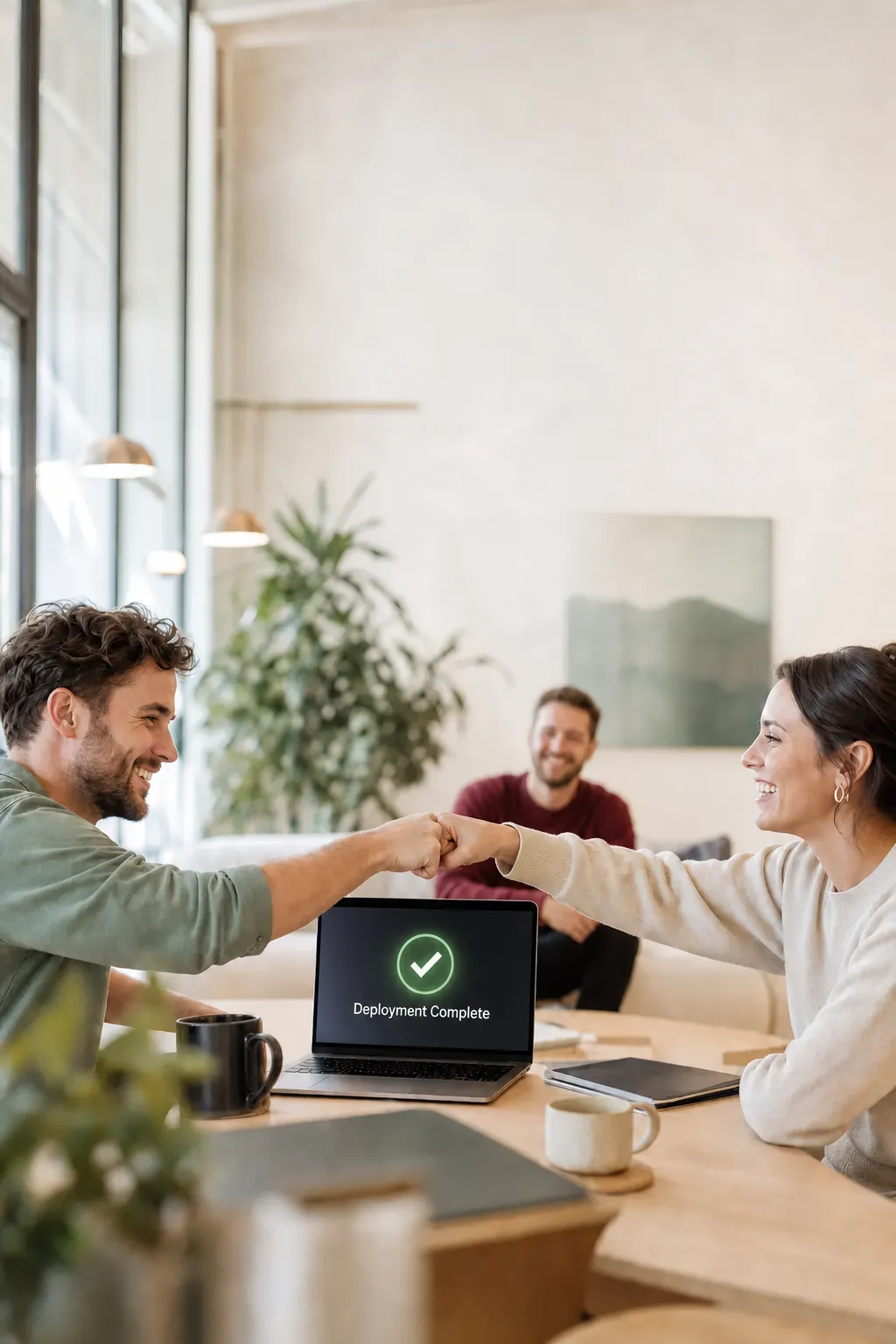 Zwei Entwickler feiern entspannt ein reibungsloses Release am Laptop in einem hellen Büro